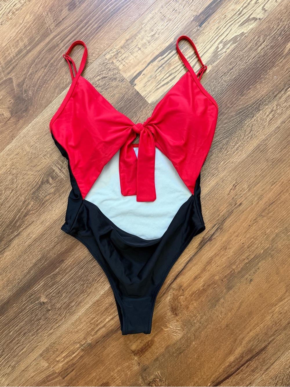 Women’s Red & Black CheekyOne-Piece Swimsuit with V-Neck, Front Tie & Hollow Out